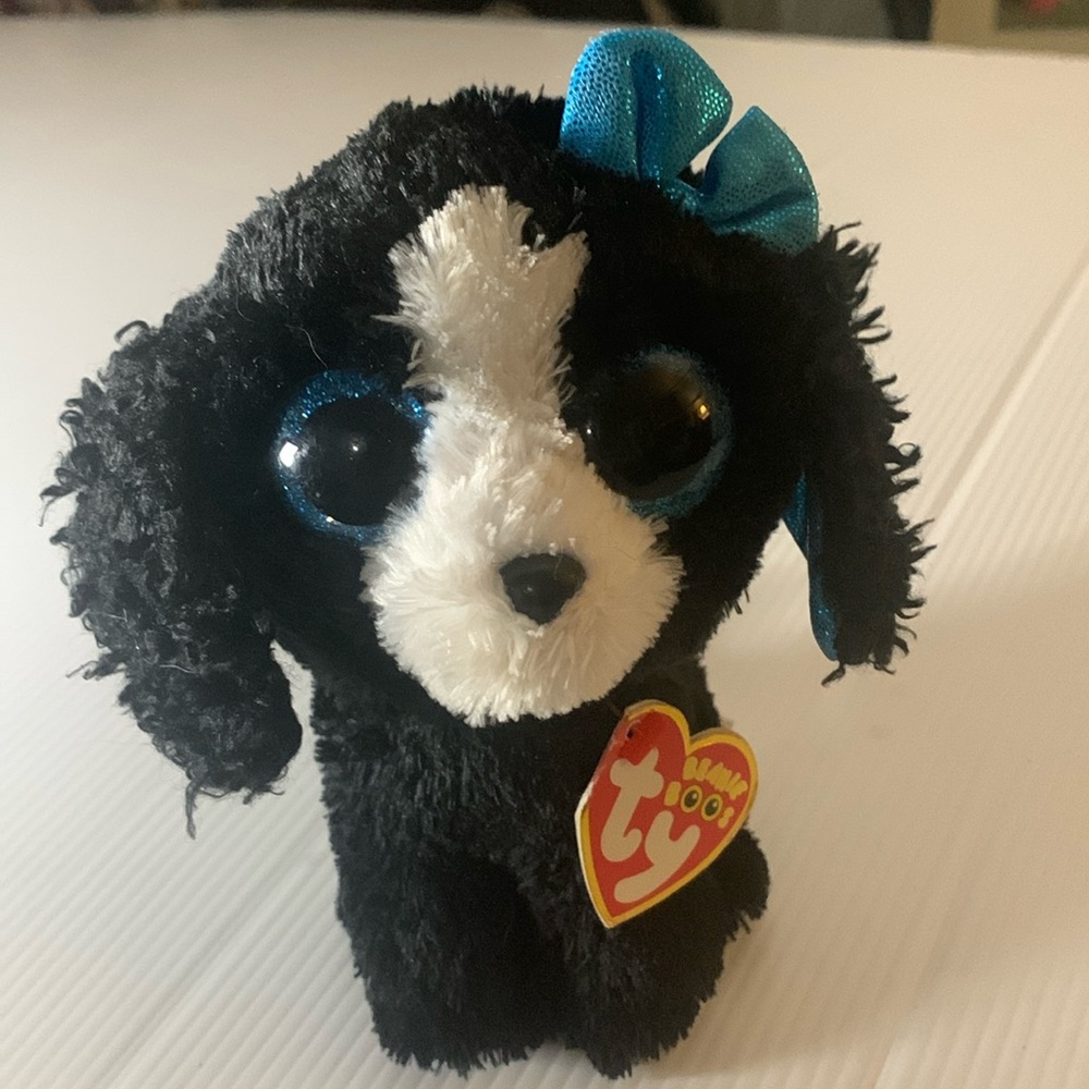 Dec.7 Birthday Ty Beanie Boos,black and white puppy with blue bow., keepsakes